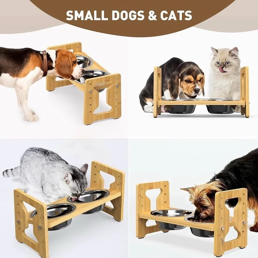 Adjustable Bamboo Pet Feeder with Stainless Steel Bowls